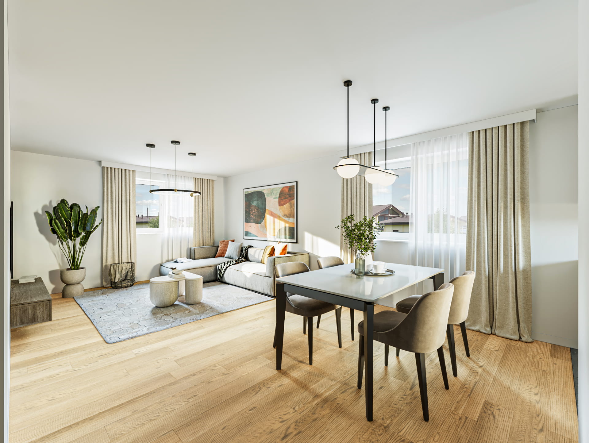 Virtuelles Home Staging eines hellen, offenen Wohn- und Essbereichs. Die fotorealistische 3D-Visualisierung zeigt ein modernes Einrichtungskonzept: Im Vordergrund ein eleganter Esstisch mit bequemen Samtstühlen und einer auffälligen Pendelleuchte. Der gemütliche Wohnbereich im Hintergrund lädt mit einem großzügigen grauen Ecksofa, runden Couchtischen, abstrakter Wandkunst und einer großen Zimmerpflanze zum Verweilen ein. Ein durchgehender, warmer Holzboden und helle, bodentiefe Vorhänge runden das harmonische Design ab.